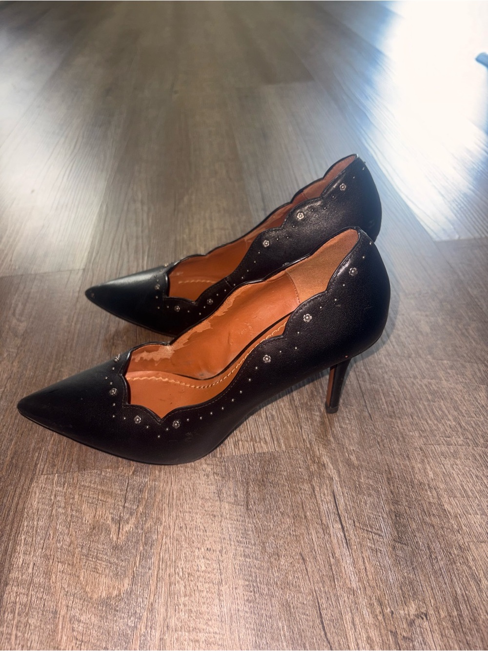 Coach Black Scalloped Pointed-Toe Stud Heels